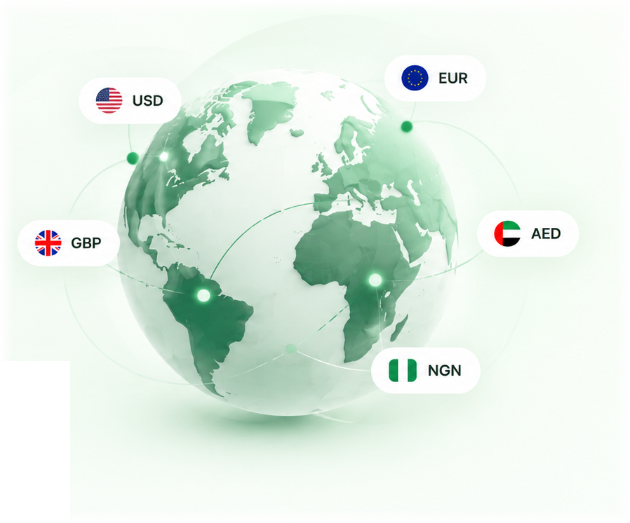 Illustration of a globe with connections and currency labels for GBP, USD, EUR, AED and NGN